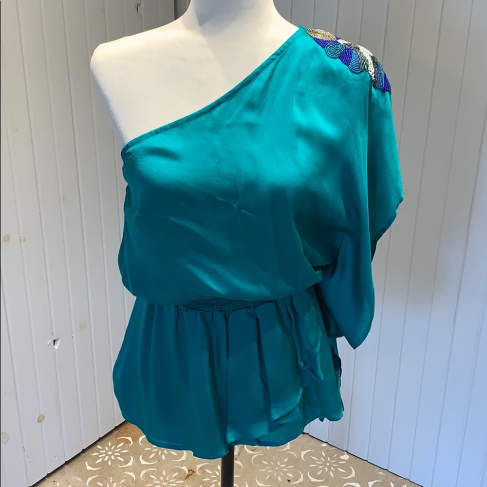 bebe one shoulder beaded silk blouse